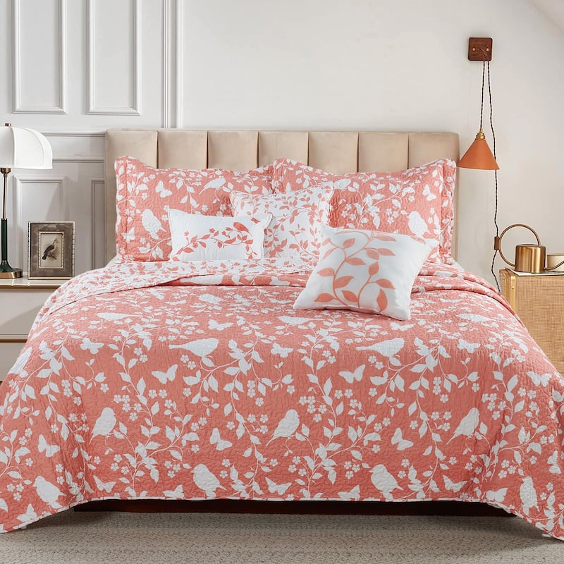 Serenta Birdsong 6-piece Quilted Bedspread Coverlet Set - Coral - California King
