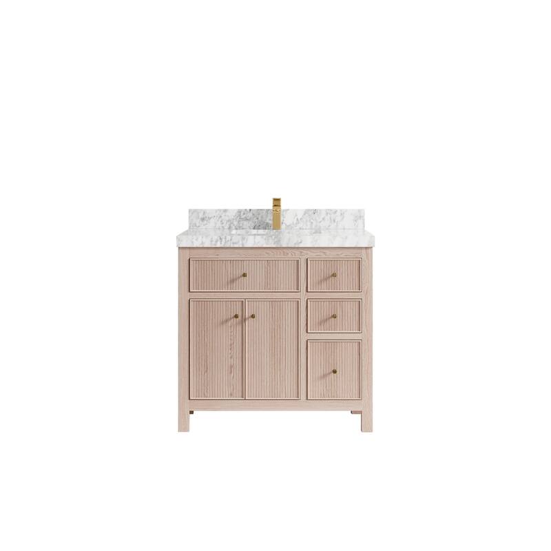Willow Collections 36 x 22 Sonoma Oak Wood Center Sink Left Bathroom Vanity with Quartz or Marble Countertop - 2"Carrara Marble - White Oak