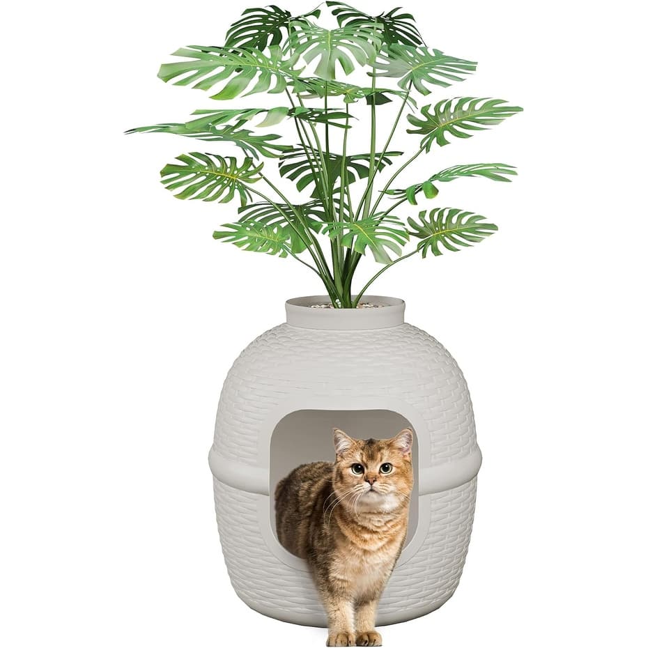 Hidden Litter Box with Faux Plant & Rattan Pattern