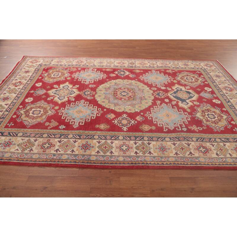 Red Geometric Kazak Oriental Area Rug Handmade Wool Carpet - 6'4" x 9'9"