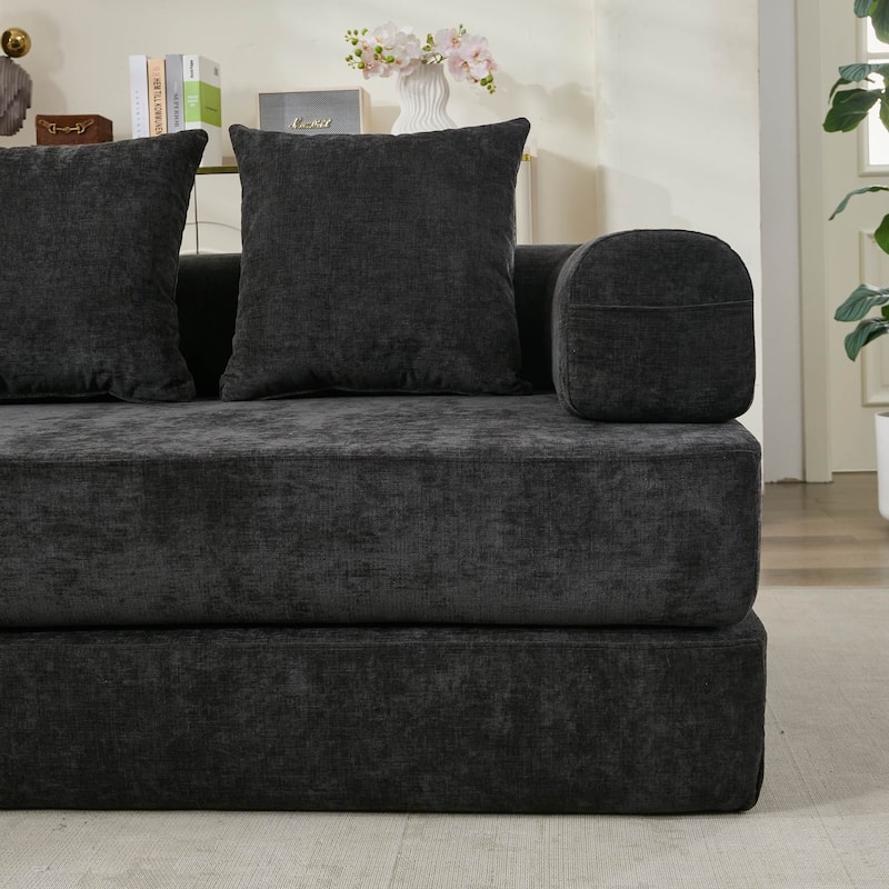 3-Tier Design Convertible Chenille Sofa Bed, Folding Sleeper Floor Sofa with Pillows, No-Assembly Modular Sofa Couch
