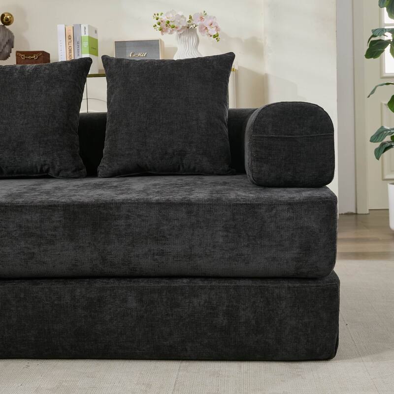 Chenille Folding Sofa Floor Sleeper Bed Chaise Lounger Couch 3-in-1 Comfy Mattress with Reversible Arm Pillows and Non-slip Pad