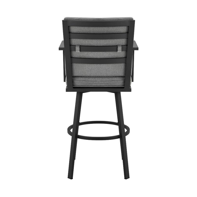 Fely Outdoor Swivel Barstool Chair, Black Aluminum and Gray Cushions