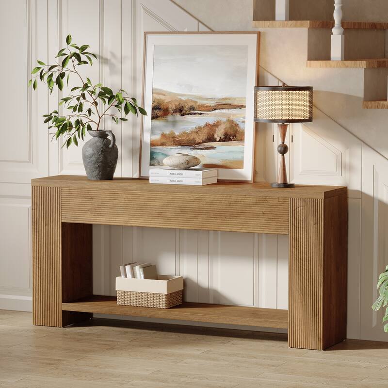 70.9-Inch Long Farmhouse Wooden Console Table wiht 2-tier Storage - 11.8" D x 70.86" W x 33.4" H - Light Brown