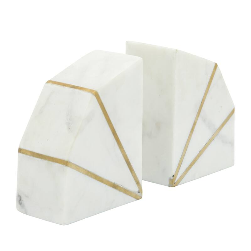 Set of 2 Marble Bookends Contemporary White and Gold Accent Decorative Bookends Book Display for Home or Office - 4" x 3" x 5"