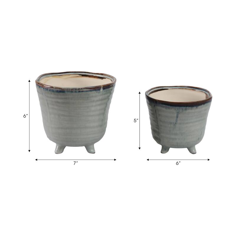 Stoneware Tripod Footed Planters Organic Rim Detail (Set of 2) - 7" x 7" x 6"