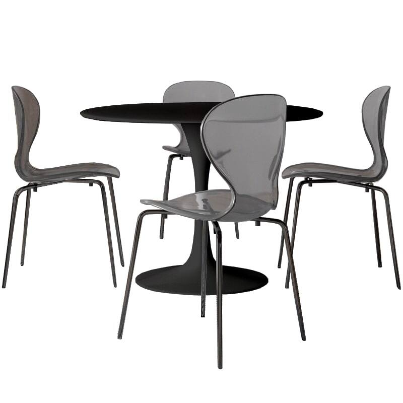 5-Piece Dining Set with 35-Inch Round Dining Table and 4 Side Chairs in Black Stainless Steel - Transparent Black