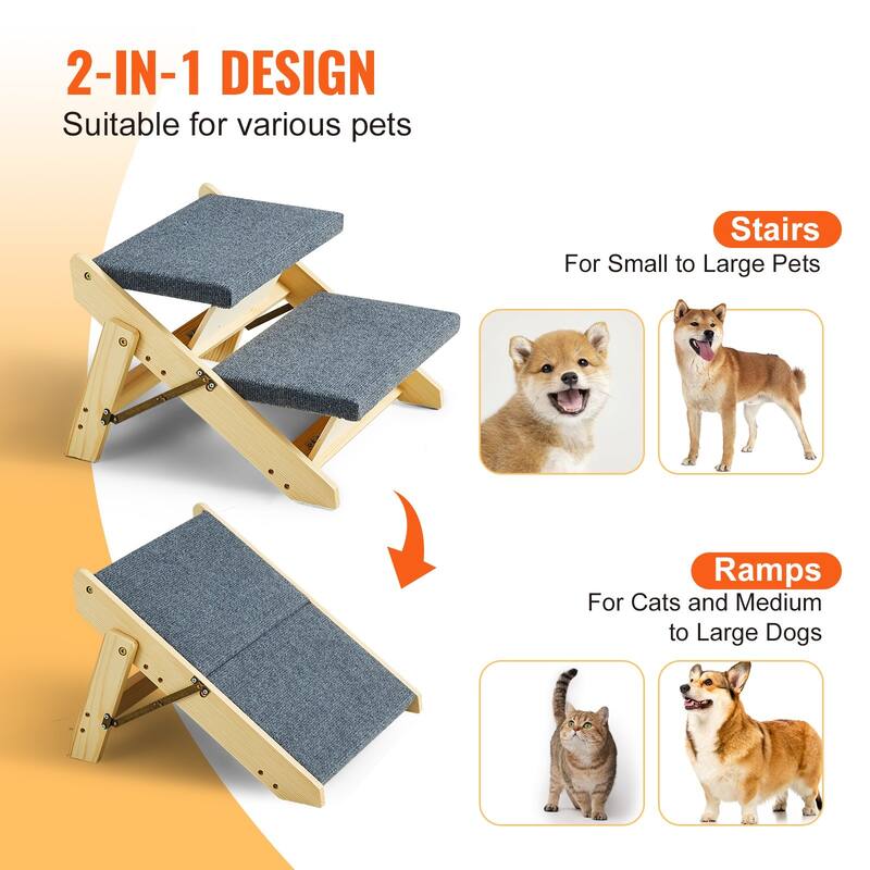 2-in-1 Natural Wooden Foldable Pet Stairs and Ramps Ideal for Small to Large Pets