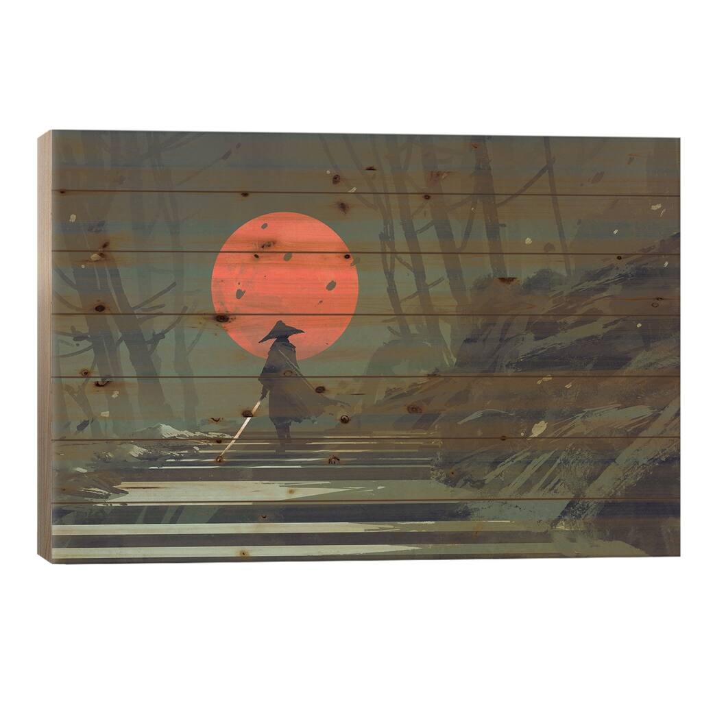 Red Moon Samurai Print On Wood by grandfailure - Multi-Color