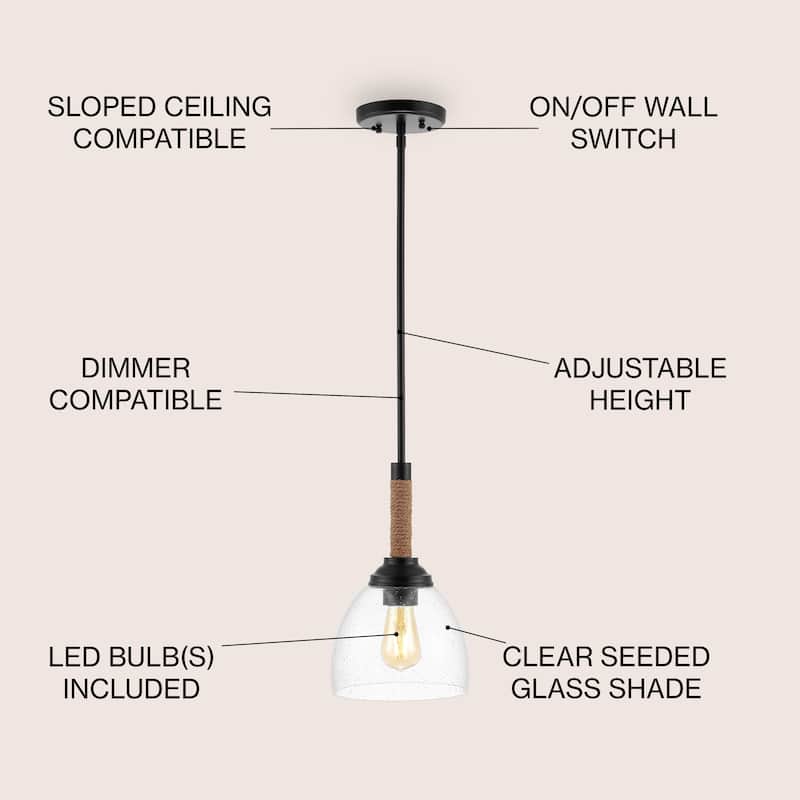 Hampton 7.63" Adjustable Rope-Wrap Modern Rustic Iron/Glass LED Pendant, Black by JONATHAN Y