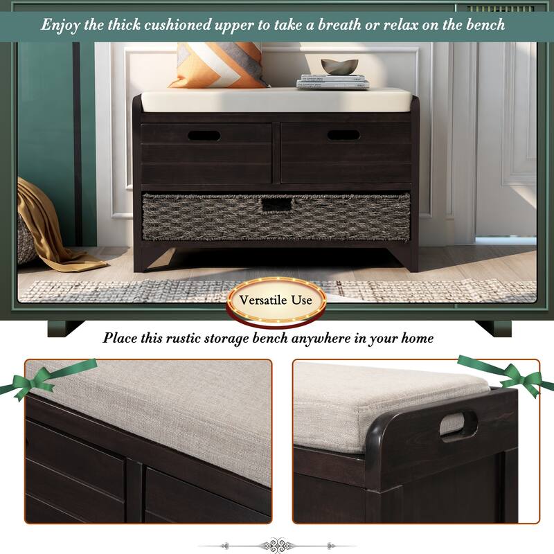 Charming Rustic Storage Bench with Removable Cushion, Basket & 2 Drawers for Farmhouse Spaces