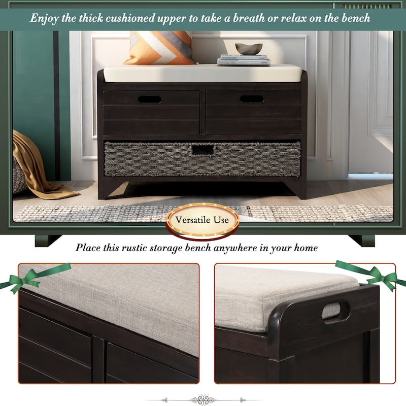 Wood Shoe Storage Bench with 2 Drawers, Large Basket and Removable Seat Cushion for Entryway Hallway Front Door