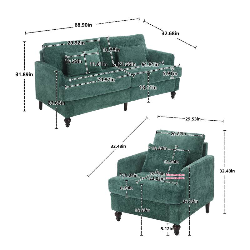 HOMEFUN Chenille Upholstered Wood Frame Loveseat with Armchair for Living Room