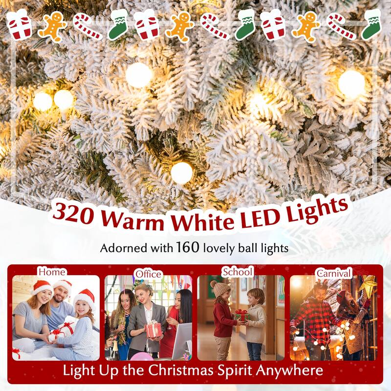 Costway 6/7 FT Artificial Snow-flocked Christmas Tree with 130 Balls, - See Details