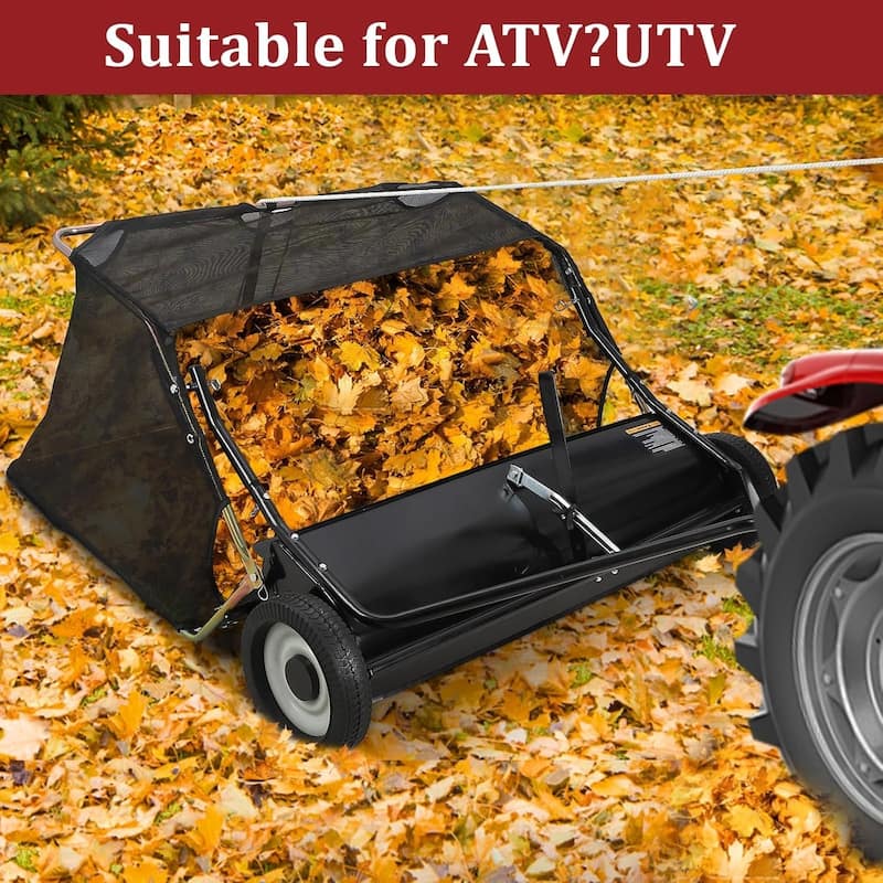 42 in Tow-Behind Grass and Leaf Sweeper Pull-Behind with Large Capacity Hopper Black