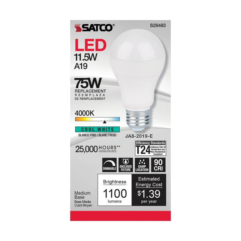 11.5 Watt A19 LED 90CRI 4000K Medium base 220 deg. Beam Angle 120 Volt 1100 Lumens CEC - White