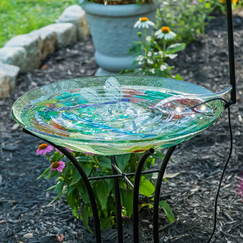 18" Hand Painted and Embossed Glass Bird Bath, Dragonfly Swirls