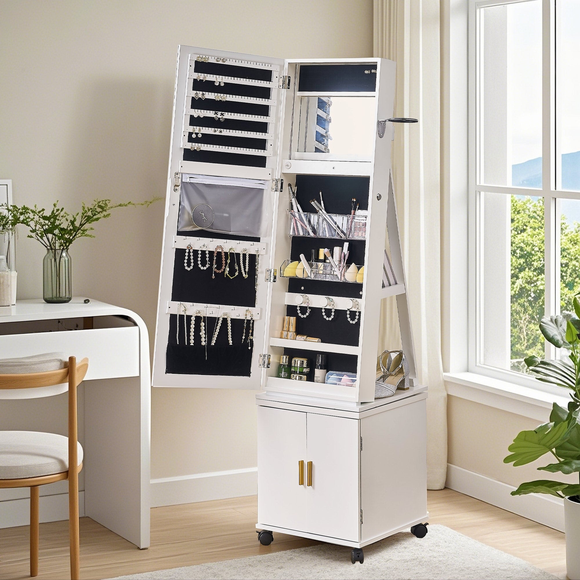 360 Swivel Mirrored Jewelry Cabinet with Lights Full Length Mirror with Jewelry Storage Standing Jewelry Armoire Organizer Bed Bath Beyond 42403524