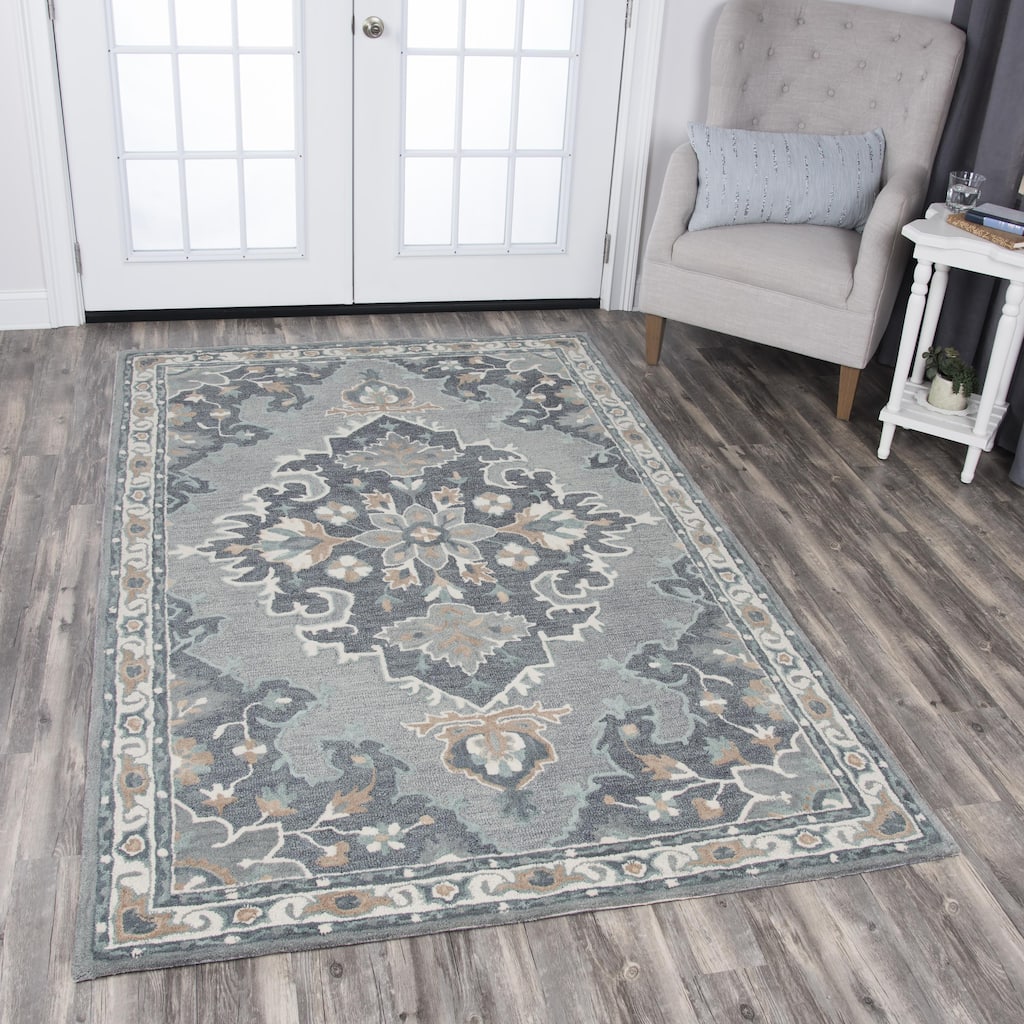 Alora Decor Cascade Grey and Beige Medallion Hand-tufted Wool Rug