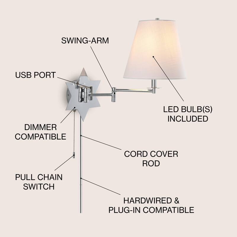 Antler 18.5" 1-Light Modern Swing Arm Plug-In or Hardwired LED Star Sconce with Pull-Chain and USB Charging Port by JONATHAN Y - Chrome