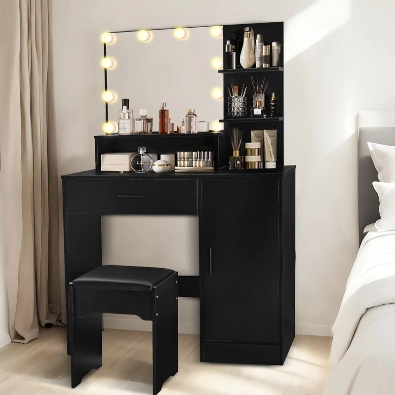 Vanity Desk with Mirror and Lights,with Drawer & Storage Cabinet,3 Adjustable Lighting Colors,with Open Shelves