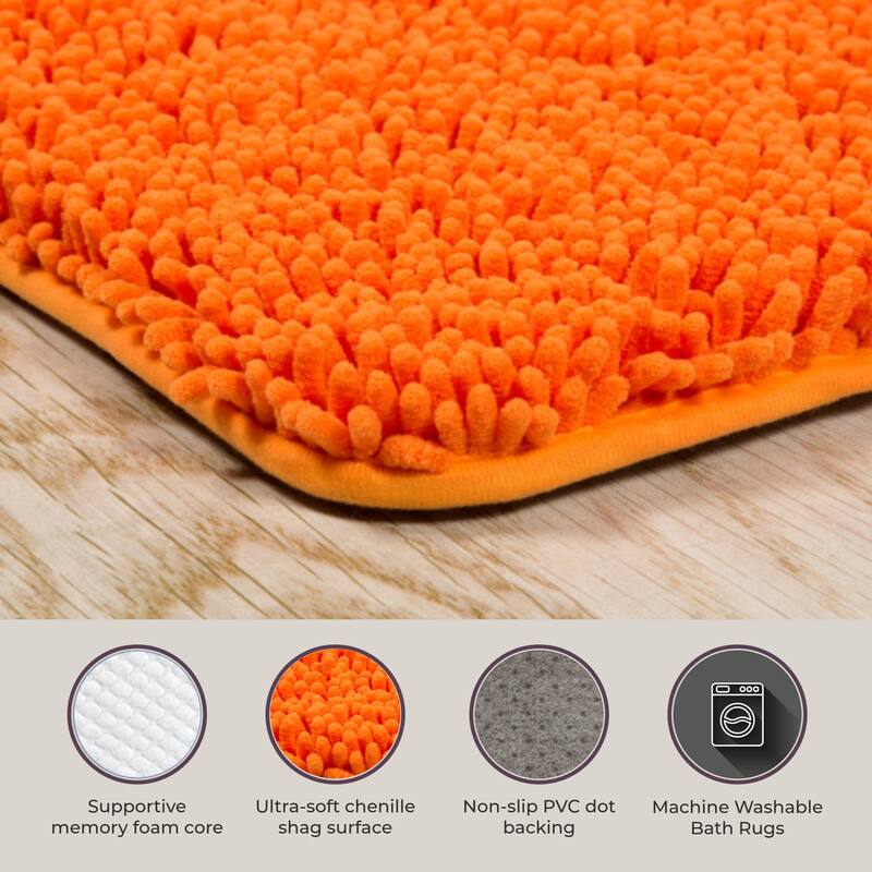 Bathroom Rugs - 2-Piece Memory Foam Bathroom Set with Chenille Shag Top and Non-Slip Base by Lavish Home (Orange)