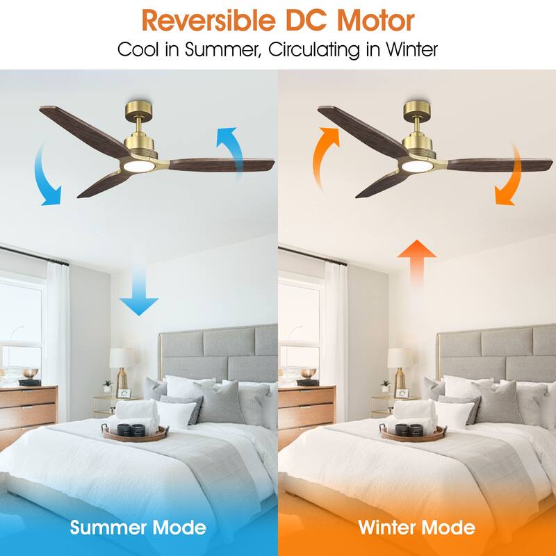 Parrot Uncle 56" Farmhouse Solid Wood Diammable LED Gold Ceiling Fan with Remote and Light