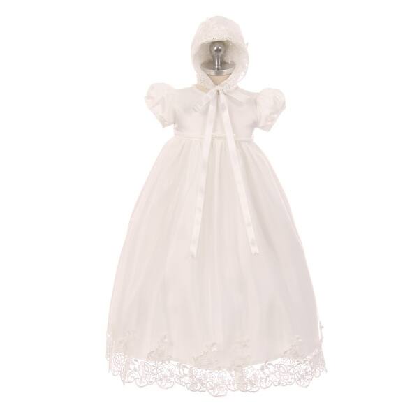 Rain Kids Baby Girls Ivory Lace Satin Tulle Overlay Bonnet Baptism Dress On Sale Overstock 23089404