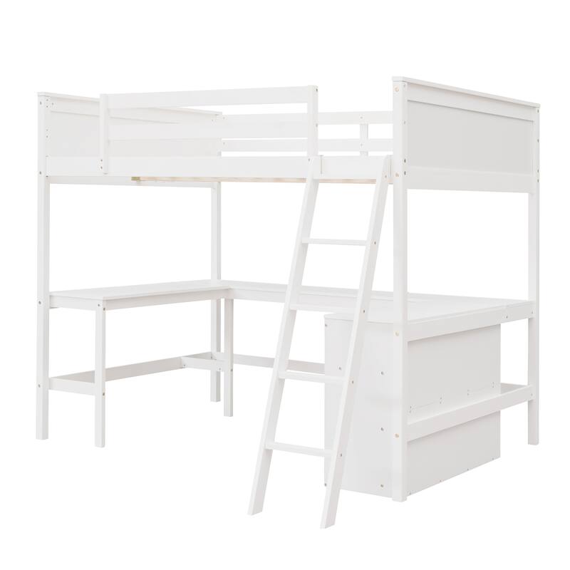 Full Size Wooden Loft Bed with Shelves and Desk in White