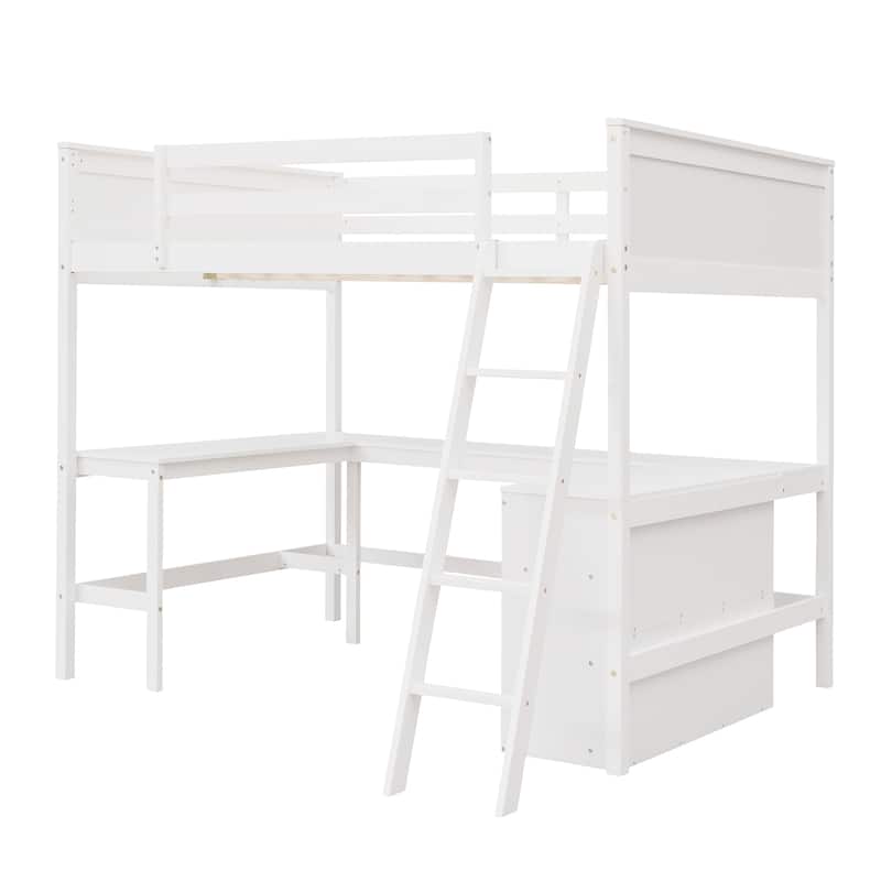 Loft Bed with Shelves and Desk, Wooden Loft Bed with Desk