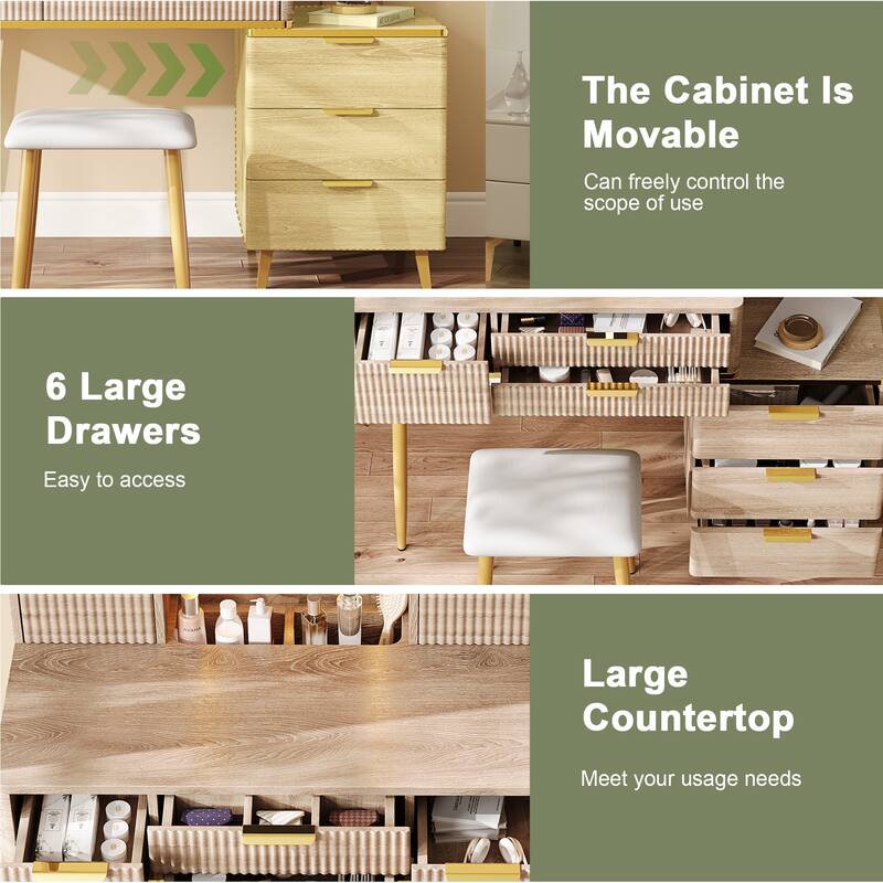 7-Drawer Vanity Desk with LED Mirror & Carved Details, Fluted Makeup Table with Metal Legs and PU Stool