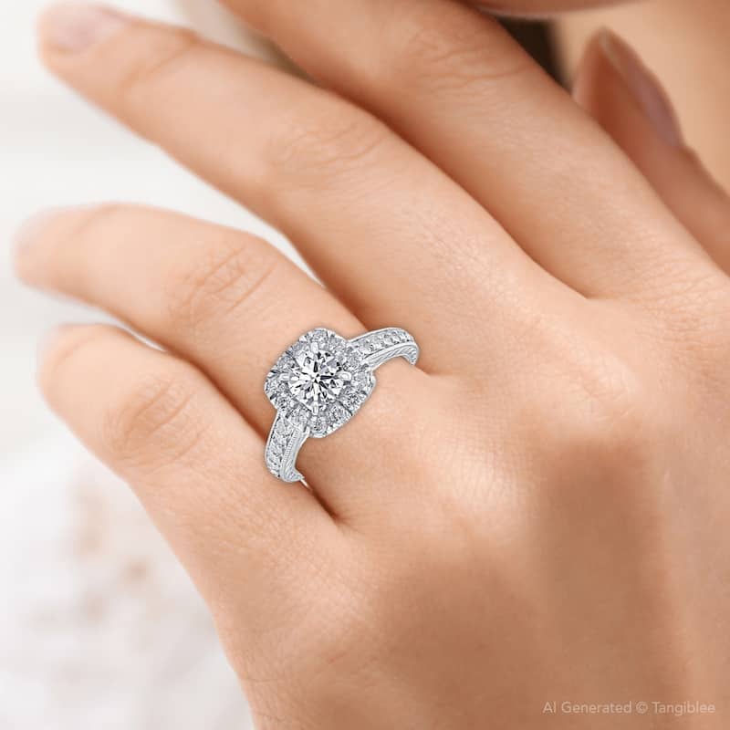 1 1/2ct Cushion Diamond Halo Engagement Ring White Gold Lab Grown