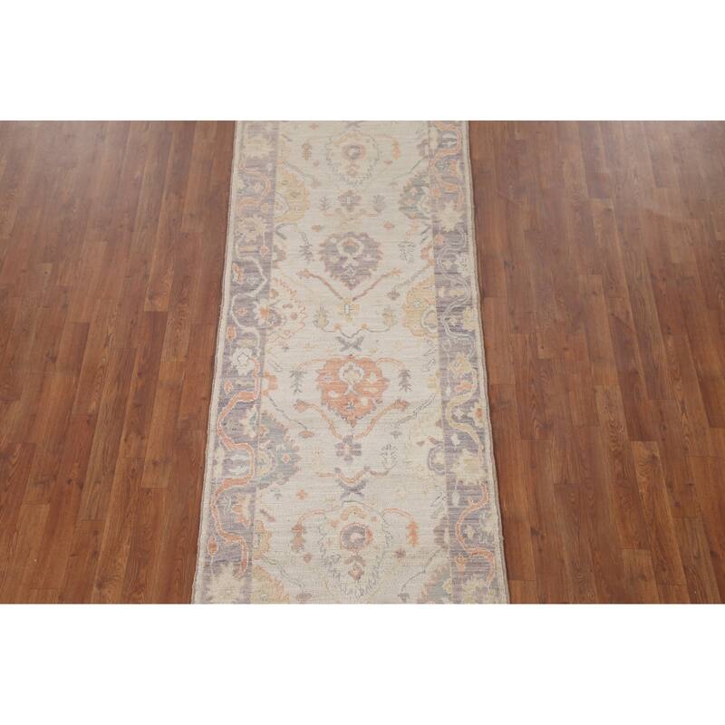 Hand Knotted Oriental 100% Wool Carpet Transitional All-Over Beige & Ivories Oushak Runner Rug - 9' 8'' X 2' 11''