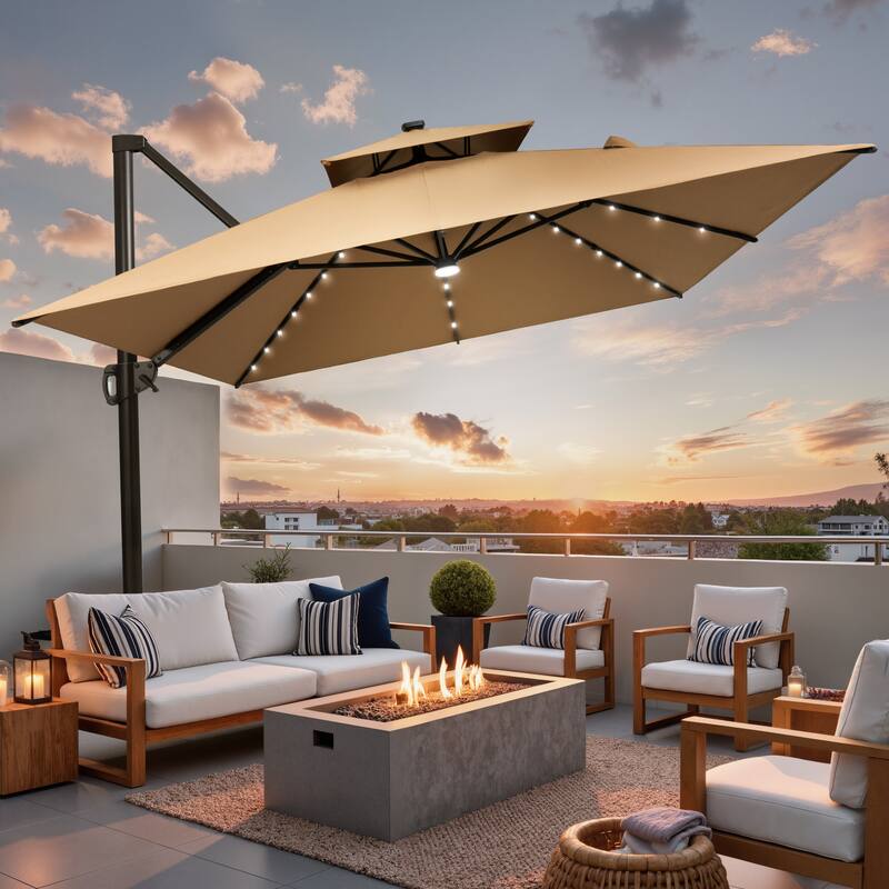 9 X 11 FT Outdoor Patio Cantilever Umbrella with Solar Lights Double Canopy 360 Rotation Tilt - Tan