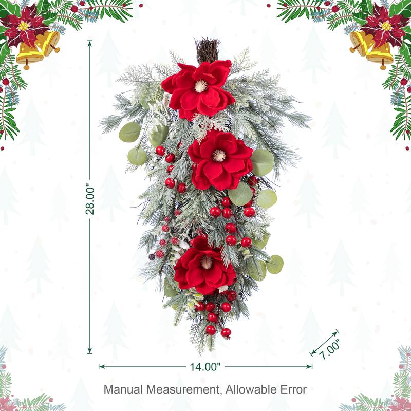 Glitzhome Christmas Red Mangnolia & Berry Wreath Garland Teardrop Hanging Decor