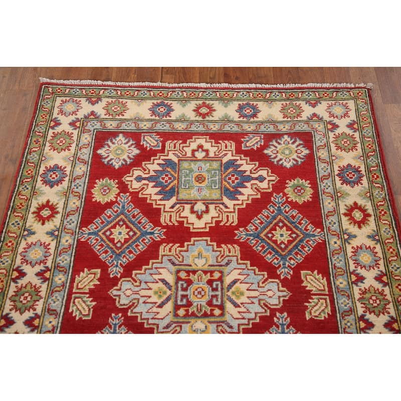 Red Geometric Kazak Oriental Accent Rug Handmade Wool Carpet - 3'6"x 4'9"