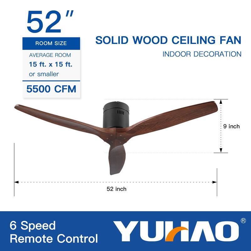 Farmhouse Walnut Ceiling Fan without Light, 6-speeds Reversible DC Motor Ceiling Fan with 3 Solid Wood Blades, 52"