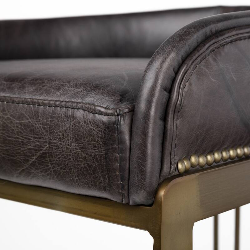 29" Black Leather Antiqued Gold Low Back Counter Stool - 19.75"W x 20.5"D x 29"H