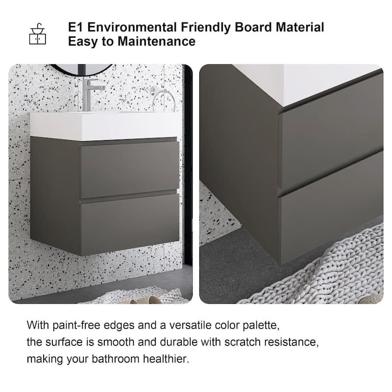 Wood Wall-Mounted Bathroom Vanity Set with White Integrated Resin Sink
