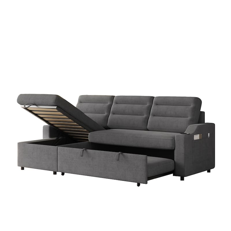 83.5" Fabric Convertible 3-Seater Sleeper Sofa with Pull-Out Bed, Recliner, Storage Pocket, and Cup Holder