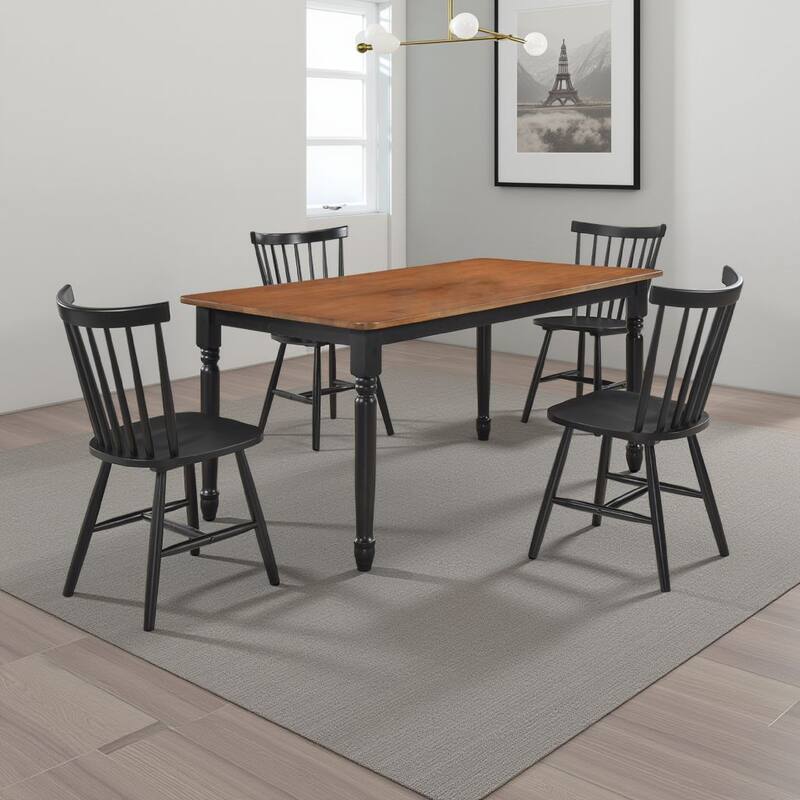 Halie 5pc Dining Table Set, Walnut Brown Wood, 4 Spindle Back Chairs