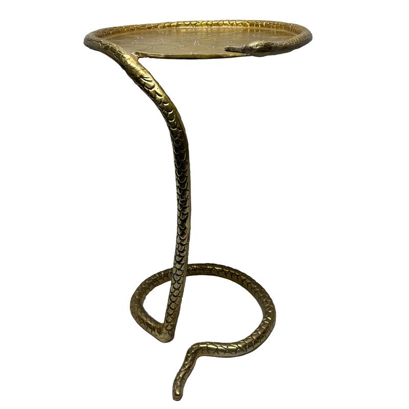 22 Inch Side End Table, Handcrafted Textured Snake Skin Pattern Base, Brass Aluminum