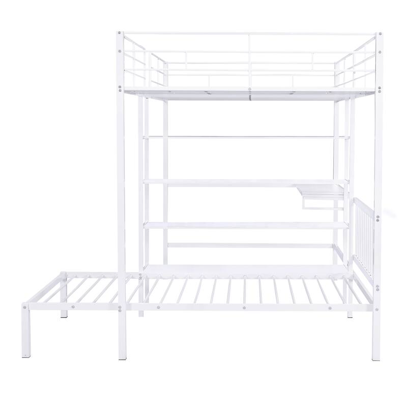 L Shaped Full Over Twin Bunk Bed with Built-in Desk and Storage Shelves, Metal Bedframe with Guardrails for Kids, Teens