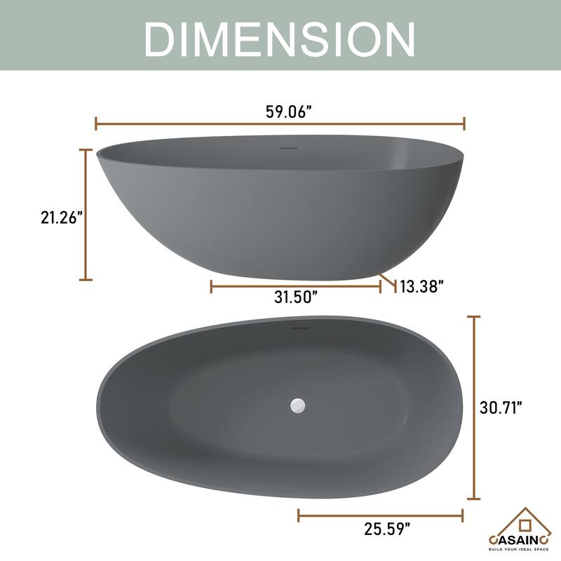 59" Solid Surface Freestanding Bathtub in Matte Black/Grey