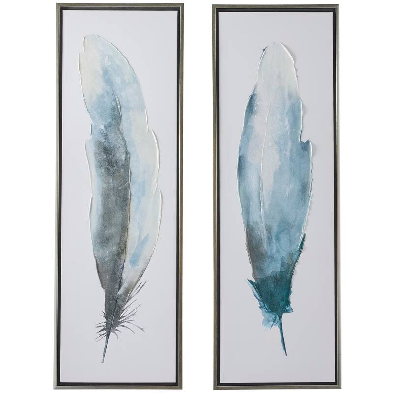 Blue Canvas Feathers Bird Framed Wall Art with Silver Frame (Set of 2)