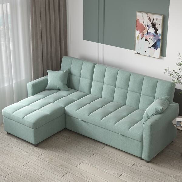 slide 1 of 20, 82'' Wide Sectional Couch Pull-Out Sofa Bed with Storage Chaise Green