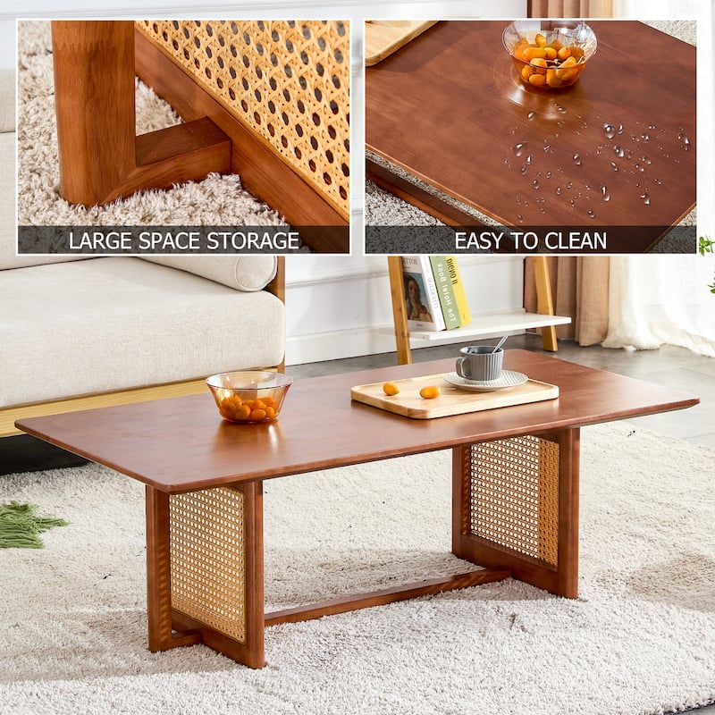 Roomfitters Rectangular Solid Wood Tea Table with Rattan Accents, Chinese Style Log-Inspired Coffee Table for Small Spaces