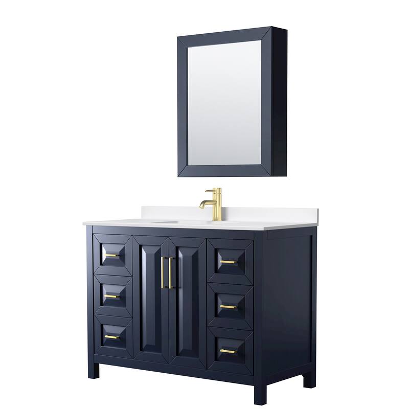 Daria 48-inch Single Vanity, Single Hole Quartz Top, Med Cabinet - Dark Blue, Gold Trim, White Quartz Top