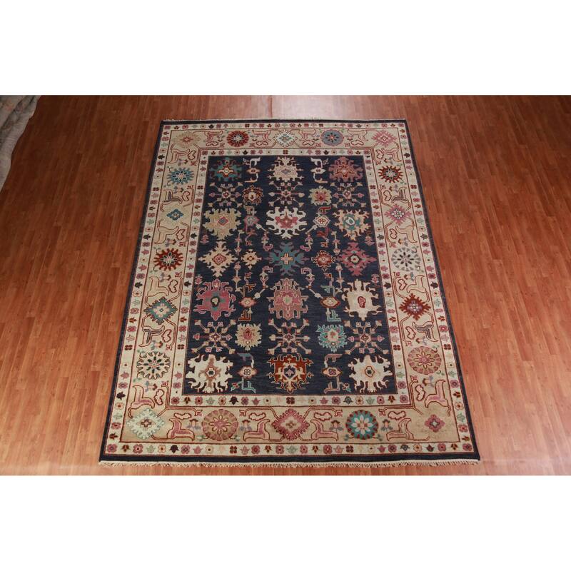 Navy Blue Oushak Indian Area Rug Hand-Knotted Wool Carpet - 9'3" x 12'0"