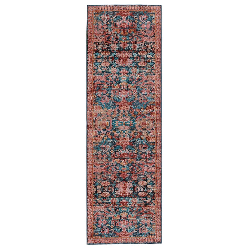 Maven Indoor/ Outdoor Oriental Pink/ Blue Area Rug - 2'6"X8'